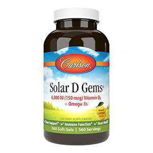 Carlson - Solar D Gems, Vitamin D3 and Omega-3 Supplement, 6000 IU (150 mcg) Vitamin D3, 115 mg Omega-3s EPA and DHA Supplement, Wild Caught, Sustain