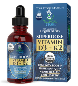 USDA Organic Liquid Vitamin D3 K2 Drops for Adults | Superdose 8000IU Pure Vitamin D3 | 60 Serv | Vitamin D K2 Supplement for Immune Support & Bone H