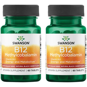 Swanson Vitamin B12 Methylcobalamin - Natural Black Cherry Flavored 2,500 mcg 60 Tabs (2 Pack)