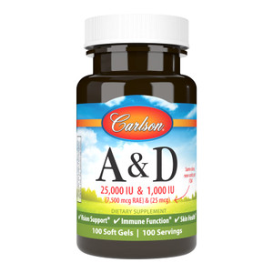 Carlson - A & D, 25000 IU (7500 mcg RAE) Vitamin A, 1000 IU (25 mcg) Vitamin D, Vision Support, Skin Health, 100 Softgels