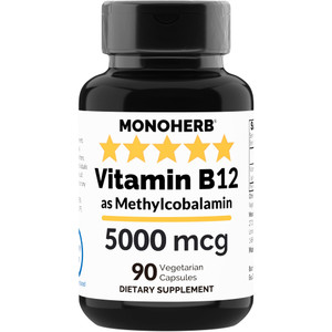 MONOHERB Vitamin B12 Methylcobalamin 5000 mcg - 90 Vegetarian Capsules - B12 Methyl