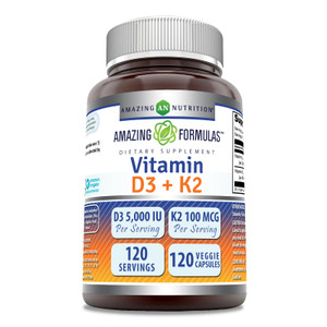 Amazing Formulas Vitamin D3 5000 IU with Vitamin K2 100 Mcg | 120 Veggie Capsules Supplement | Non-GMO | Gluten Free | Made in USA