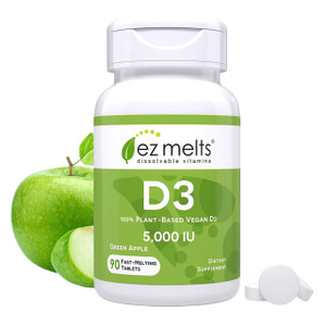 EZ Melts Dissolvable Vitamin D3 5,000 IU - Vegan Vitamin D Supplement for Bone & Teeth Support - No Artificial Flavors - Plant-Based & Non-GMO - Gree