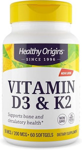 Healthy Origins Vitamin D3 & K2 - Vitamin D3, 50 mcg - Vitamin K2, 200 mcg - Easily Absorbable Vitamin D & Vitamin K Supplements - Non-GMO & Gluten-F