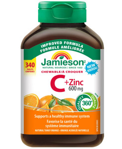 Jamieson Chewable Vitamin C + Zinc 500mg, Natural Tangy Orange, 400 Tablets