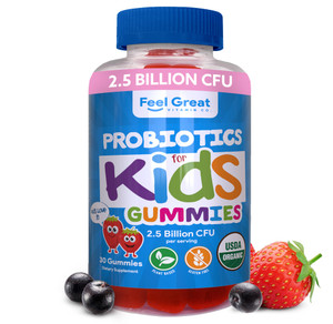 Feel Great USDA Organic Kids Probiotics Gummies | Chewable Strawberry Probiotics for Digestive Health & Immune Support | Plant Based Probiotic & Preb