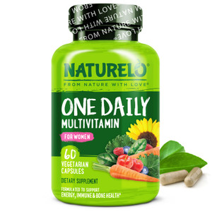 NATURELO One Daily Multivitamin for Women w/Vitamin B12, 60 Ct, Energy Support, Whole Food Daily Women Multivitamin Supplement, Nourish Hair/Skin/Nai