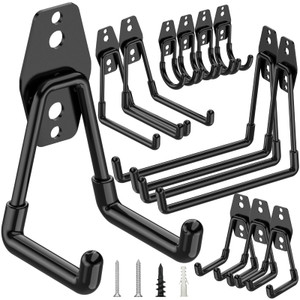 TICONN 12 Pack Heavy Duty Garage Hooks, Steel Utility Wall Storage Hooks, Wall Mount Hanger Organizer for Ladders, Bikes, Tools, Bulky Items (Black)
