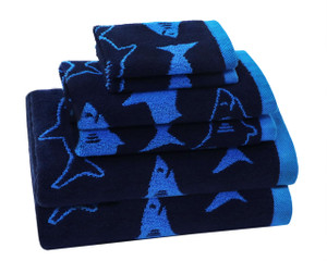 ORIGINAL KIDS 6 Piece Towel Set - Bath Time Shark Attack- 2 Bath Towels, 2 Hand Towels, 2 Washcloths - 100% Cotton Jacquard Soft Absorbent Quick Dry