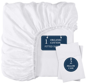 LANE LINEN Fitted Sheet Full Size, 100% Organic Cotton, 3-Piece Set (1 Fitted Sheet, 2 Pillowcases) Percale Weave, Bed Fitted Sheets, Breathable, Fit