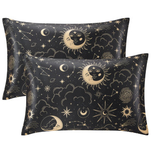 EXQ Home Satin Pillowcase for Hair and Skin Queen - Black Printed Silk Pillow Cases 2 Pack 20x30 inches - Satin Pillow Cases Set of 2 with Envelope C