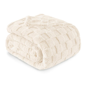 Exclusivo Mezcla Twin Size Flannel Fleece Blanket, Super Soft and Warm Lightweight Checkered Pattern Blankets for All Seasons, 60x80 Inches, Ivory