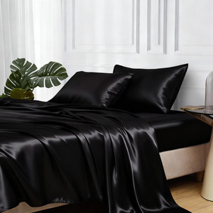 MR&HM Satin Bed Sheets, Queen Size Sheets Set, 4 Pcs Silky Bedding Set with Elastic Corner Straps and 15 Inches Deep Pocket for Mattress (Queen, Blac