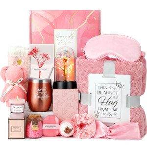 Birthday and Get Well Gifts for Women - Relaxing Spa Care Package With Luxury Flannel Blanket, Light-Up Rose Flower - Unique Self Care Gift Basket fo