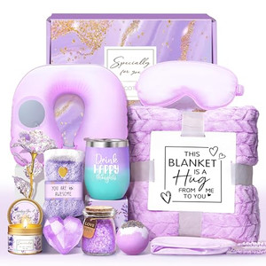 LUCOTIYA Birthday Gifts for Women, Self Care Get Well Soon Gifts, Lavender Relaxing Spa Gift Basket Care Package w/Blanket Unique Valentine Idea for