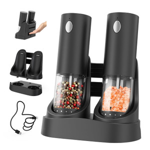 CIRCLE JOY Electric Salt and Pepper Grinder Set Automatic Salt and Pepper Grinder Set with Easy-to-Carry Charging Base and LED Light, USB Rechargeabl