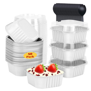 5oz/80pack Mini Cake Pans with Lids,LNYZQUS Foil Cupcake Cups Small Brownie Baking Tins,Square Disposable Ramekins Mini Cheesecake Containers Muffin