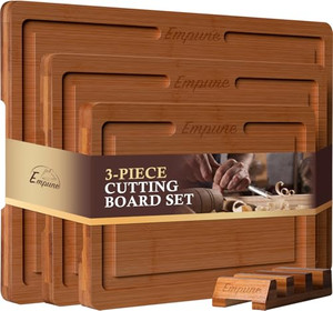Empune Bamboo Cutting Board Set, Wood Cutting Boards for Kitchen with Holder Wooden Chopping Board for Meal Prep & Serving, Brown