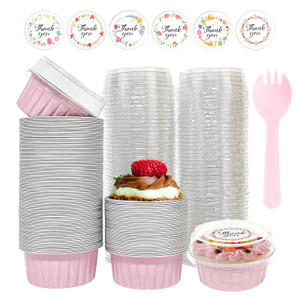 100 PCS Aluminium Foil Baking Cups, Mini Cake Pans with Lids and 100 PCS Spoons, 5 oz Disposable Baking Cups Foil Ramekins For Party Birthday Wedding