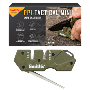 Smiths 50984 Pocket Pal Mini Tactical Knife Sharpener - OD Green - 2 Stage Sharpener & Diamond Sharpening Rod - Outdoor Hunting Knife & Hook Sharpen