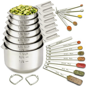 EWFEN Measuring Cups and Spoons Set, 7 Stainless Steel Nesting Measuring Cups & 7 Spoons, 5 Mini Measuring Spoons &1 Leveler, Kitchen Gadgets for Coo