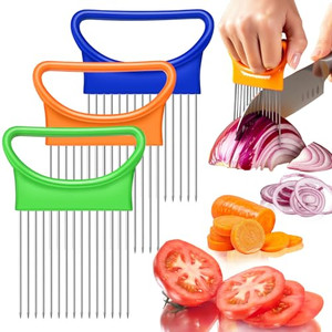 FANTEXY 3Pieces Onion Holder for Slicing, Stainless Steel Onion Cutter for Slicing, Potato Lemon Slicer Tomato Slicers Kitchen Comb for Vegetables, F