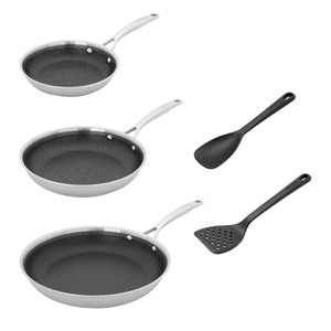HENCKELS Paradigm 5-pc Cookware Set, Nonstick Frying Pan and Silicone Utensil Set, 3-Ply Stainless Steel Skillets for Induction Cooktop, Gas & Electr