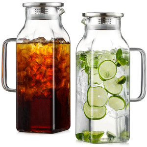 Netany 2 Pack 2 Liters/68 oz Square Glass Pitcher with Lid and Handle for Fridge, Iced Tea and Coffee Carafe Beverage Serveware, Heat Resistant Boros