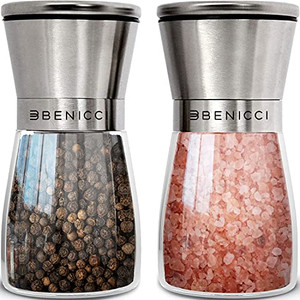 Beautiful Stainless Steel Salt and Pepper Grinder Set of 2 - Pepper Mill & Salt Mill with Adjustable Coarseness - Glass Spice Shakers - Easy Clean Ce