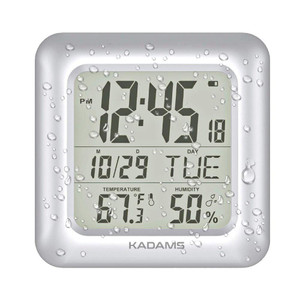 KADAMS Bathroom Clock 9.5" Kitchen Wall Clock with Large LCD Screen  Shower Clock with Suction Cup,Temperature, Humidity, Calendar  Water-Resistant