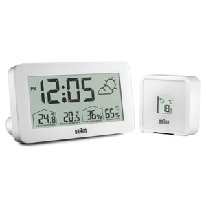 Braun Digital Weather Station Clock with Indoor and Outdoor Temperature and Humidity, Forecast, LCD Display, Quick-Set, Crescendo beep Alarm in White