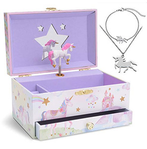 Jewelkeeper Jewelry Box for Girls with Drawer - Spinning Unicorn Doll to The Beautiful Dreamer Tune Music Box - Little Girls' Jewelry Set Includes Un