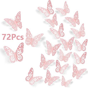 SAOROPEB 3D Wall Decor, 72 Pcs 3 Sizes 3 Styles, Pink Butterfly Decorations - Removable Stickers for Room Decor, Party Balloons, Cake Decoration, Flo