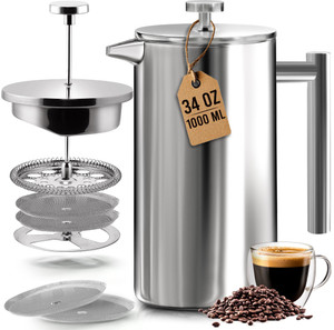 Utopia Kitchen 304 Grade Stainless Steel French Press Coffee Maker 34 Oz, Double Wall Insulated Coffee Press with 4-Level Filtration System, Include