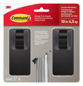 Command 10 lb Matte Black Curtain Rod Hooks, 2 Hooks and 4 Strips, No Drilling Home Decor and Room Decor, Use with Rod Diameters 0.5-0.75"