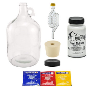 North Mountain Supply 1 Gallon Glass Fermenting Jug with Handle, #6.5 Rubber Stopper, 6-Bubble Airlock, Black Plastic Lid, 3-Pack Yeast Assortment, &