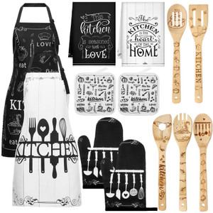 Bencailor 13 Pcs Christmas Kitchen Sets Christmas Aprons Oven Mitts and Pot Holders Dish Towels Wooden Spoons for Xmas Gifts(Black White,Kitchen)