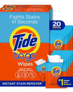 Tide Stain Remover for Clothes, Tide To Go Wipes, Instant Stain Remover for Clothes, Travel & Pocket Size, 20 Count