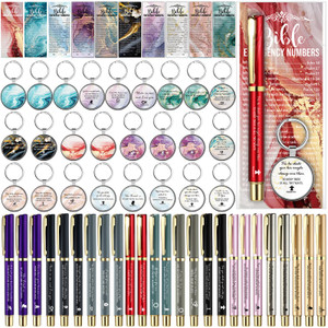 Feifeiya 75 Pcs Christian Church Gifts 25 Bible Verse Pens 25 Religious Keychains 25 Emergency Number Bookmarks Bible Study Gifts for Women Men Sunda