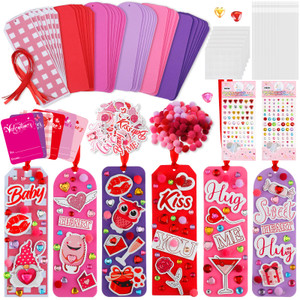Pasimy 48 Set Valentines Day Bookmarks Crafts Kit - DIY Foam Valentine's Day Crafts Book Mark with Heart Stickers Bulk Galentine Bookmark Activity fo