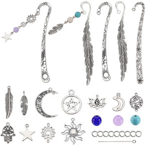 SUNNYCLUE 1 Box DIY 6 Sets Metal Bookmark Kit Book Marks Bulk Hook Bookmarker Lucky Sun Star Moon Charms Vintage Alloy Bookmark Metal Book Mark for C