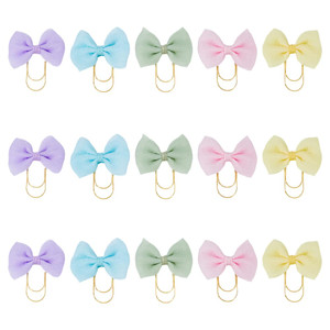 SUPERFINDINGS 15Pcs 5 Colors Bow Paper Clips Golden Metal Paperclips 2.9x2.7in Planner Clips Soft Cloth Bowknot Bookmarks Dainty Paperclip Planner Ac
