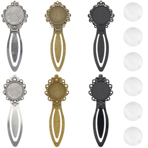 SUNNYCLUE 1 Box 6 Styles Retro Vintage Bookmarks Alloy Bookmark Metal Vintage Black Bronze Silver Tray Bezel Blank Books Mark Findings with Clear Gla