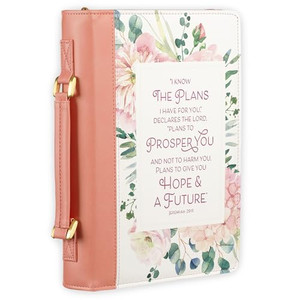 Christian Art Gifts Fashion Vegan Leather Bible Cover for Women: I Know The Plans Inspirational Bible Verse, Pink Floral, Medium