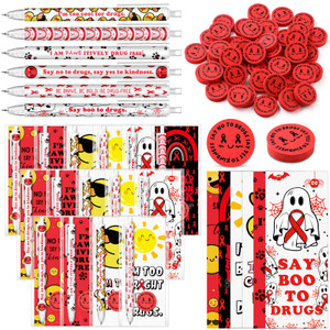 Epakh 72 Pcs/ 24 Sets Red Ribbon Week Awareness Supplies Drug Free Red Ribbon Week Favors 0.7 mm Mechanical Pencil Bookmark Say Boo to Drugs Card Era