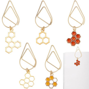 CRASPIRE 5Pcs Honeycomb Paper Clips Book Mark Paperclips with Honey Comb Charm Metal Bookmarker Planner Clips Clamp for Paper File Note Page Sorting