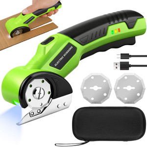 Cordless Electric Scissors, 4V Rechargeable Rotary Cardboard Cutter with 2 Blades Safety Lock & LED Light, USB Cable for Plastic, Box, Carpet, Leathe