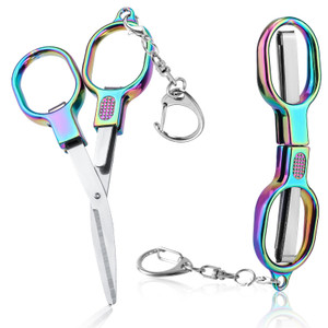 2pcs Mini Folding Scissors, Portable Small Travel Foldable Cutters with Tiny Metal Key Ring Safety Retractable Badge Stainless Steel Cutting Tool Cra