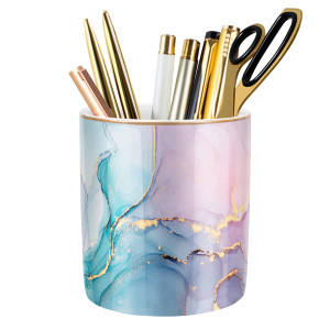 WAVEYU Large Capacity Colored Pen Holder for Desk, Ceramic Pencil Holder Makeup Brush Holders, Desk Accessories & Workspace Organizers for Home, Offi