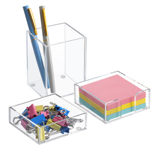 HBlife Office Desk Organizer Set of 3 with Pen Pencil Holder, Paperclip Storage and Sticky Note Holder, Clear Acrylic Desktop Accessories and Workspa